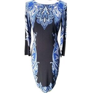 Cache Sz S Paisley Print Stretch Knit Slimming Blue Black Slimmg Dress Work Midi